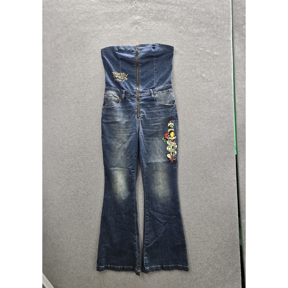 Ed Hardy Women Jumpsuit  XL Blue Denim True Love Embroidered Tattoo Tube Top